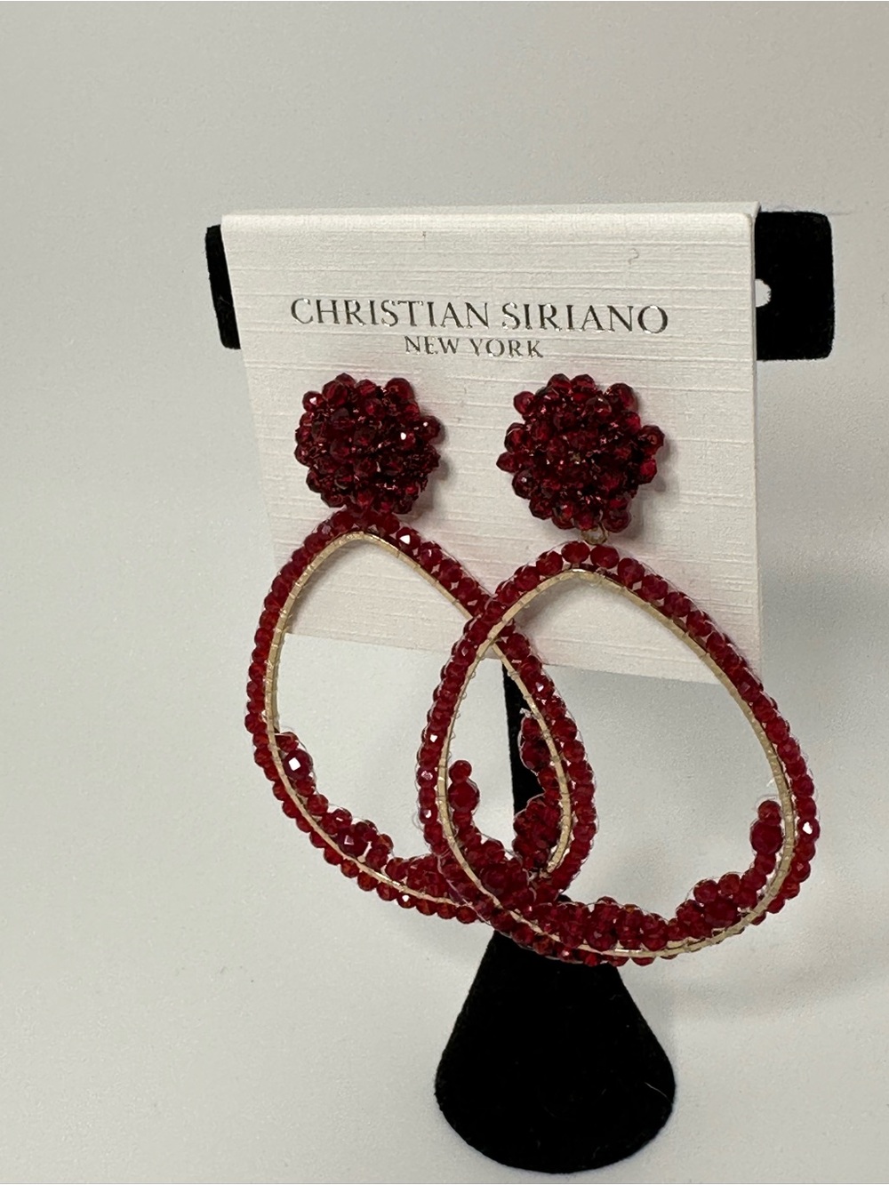 Christian Siriano New York Garnet Red Crystal Beaded Oval Teardrop Hoop Earrings